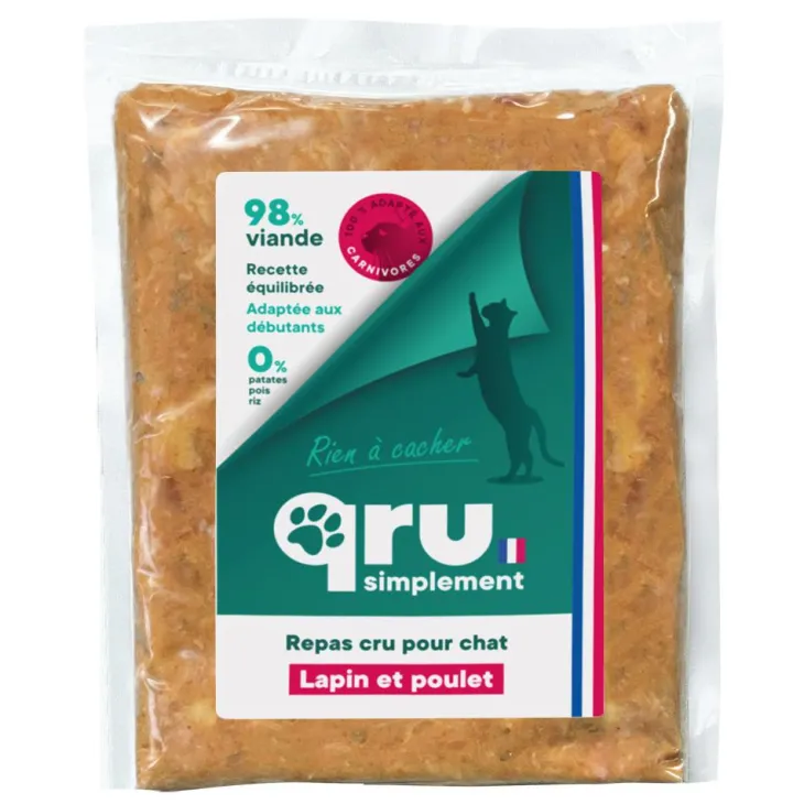 Aliment cru pour chat repas haché lapin poulet Qru Simplement congelé - 450 g