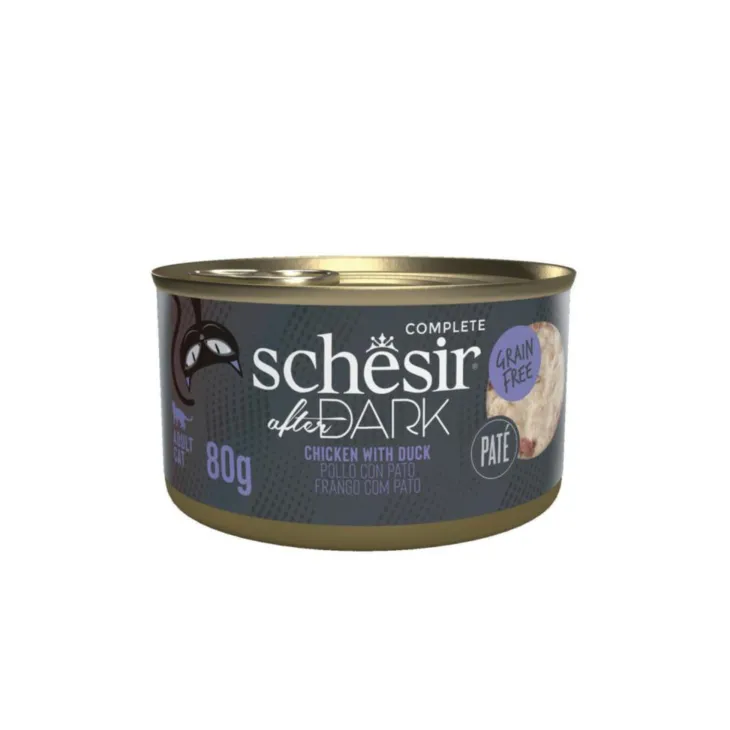 Alimentation humide pour chat pâtée poulet avec canard Schesir After Dark - boîte de 80 g