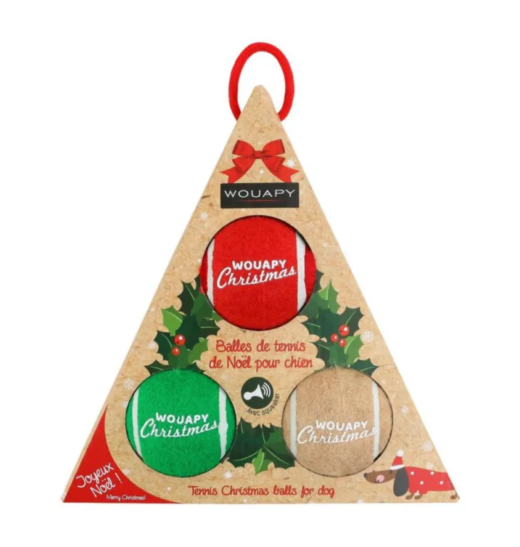 Balles de tennis de Noël pour chien avec squeaker coloris multicolore Wouapy - coffret de 3 jouets