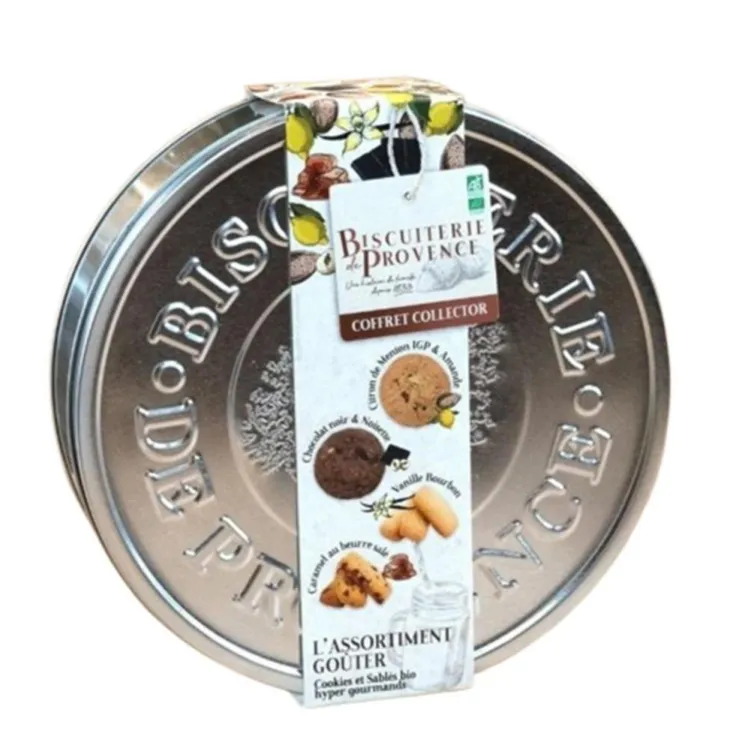 Boite de biscuits en métal assortiment goûter 2 cookies et 2 sablés Biscuiterie de Provence