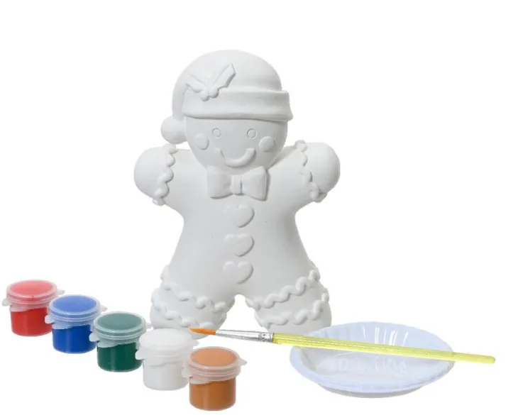 Bonhomme de pain d'épices en plâtre à peindre et 5 pots de peinture - 8,2 x 19 x 19,5 cm
