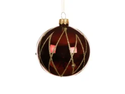 Boule en verre brillante bordeaux avec croisillons or - Ø 8 cm