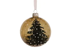 Boule en verre brillante transparente vert romarin avec décor sapin - Ø 8 cm