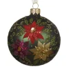 Boule en verre finition mate vert pin avec décor poinsettia - Ø 8 cm