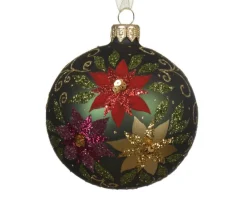 Boule en verre finition mate vert pin avec décor poinsettia - Ø 8 cm