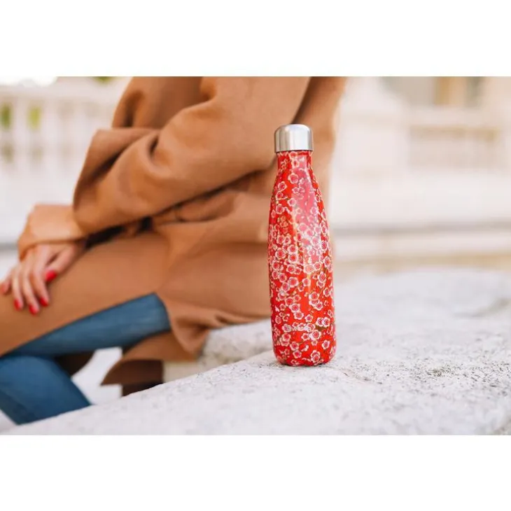 Bouteille isotherme Qwetch en inox Flowers rouge 750 ml