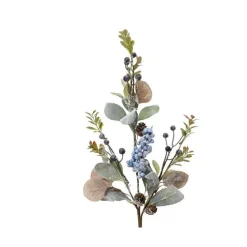 Branche artificielle enneigée en polyester avec feuilles, baies et mousse vert bleu - 15 x 65 cm