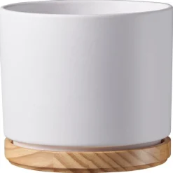 Cache-pot en bois et céramique blanc Oslo - Ø 18 x H 16 cm