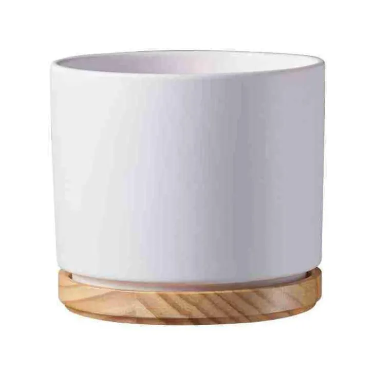 Cache-pot en bois et céramique blanc Oslo - Ø 13 x H 12 cm