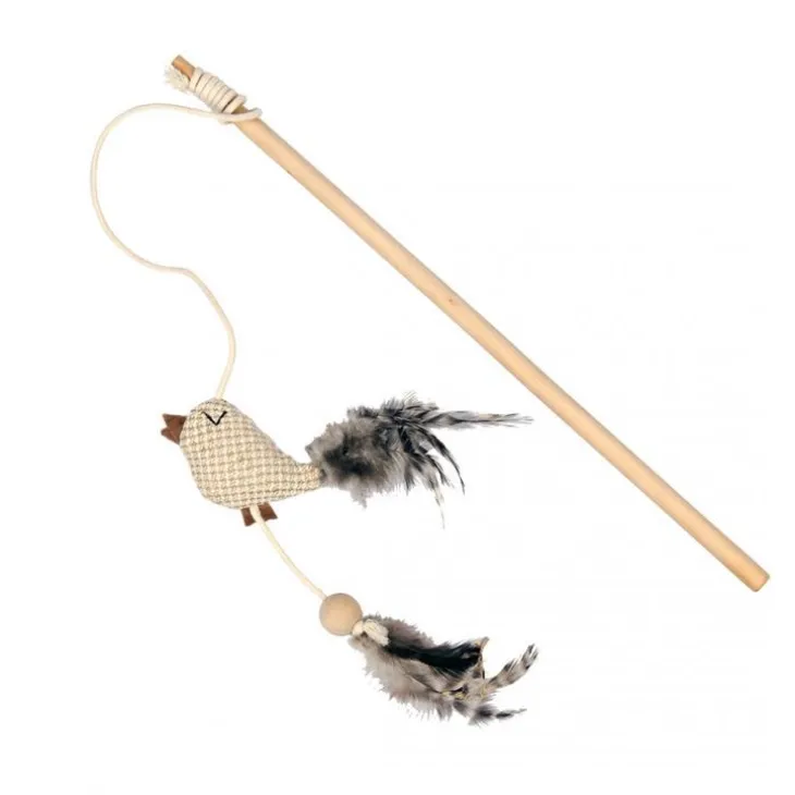 Canne à pêche pour chat coloris marron oiseau avec plumes nature Duvoplus