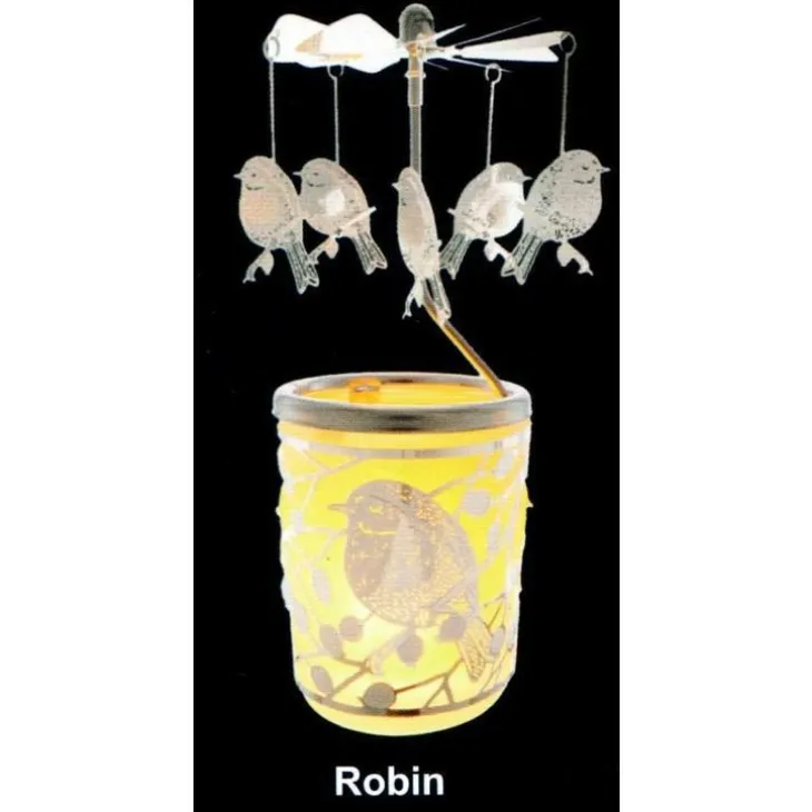 Carrousel photophore en métal argenté avec oiseaux - H 12 cm