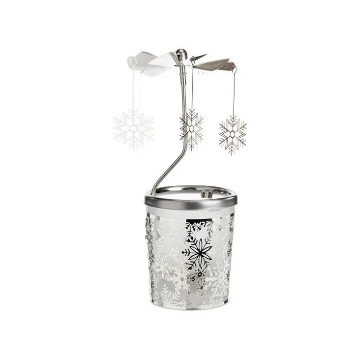 Carrousel photophore en métal argenté avec flocons - H 12 cm