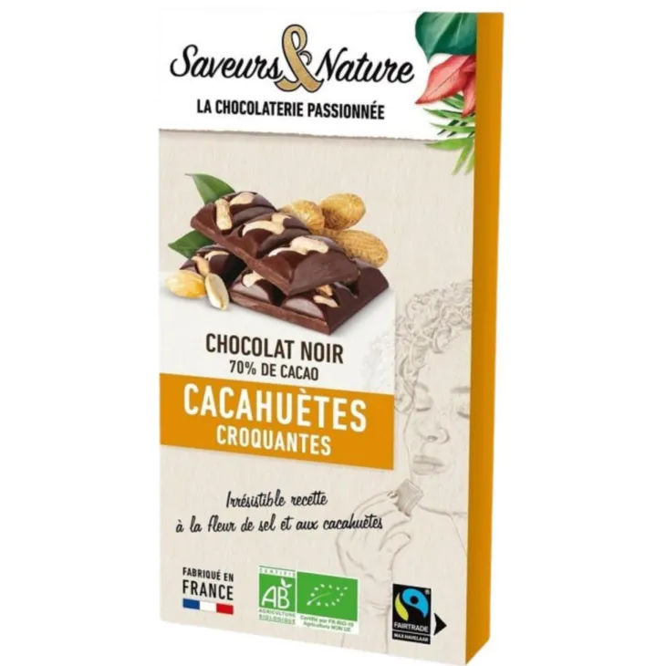 Chocolat noir 70% bio fleur sel Guérande & cacahuète bio Saveurs et Nature - 100 g