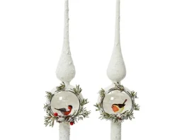 Cimier en verre soufflé blanc avec motif oiseaux et décor pin - Ø 8 x H 31 cm