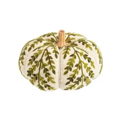 Citrouille tricot en laine beige à motif vert et bois - Ø 20 x H 20 cm