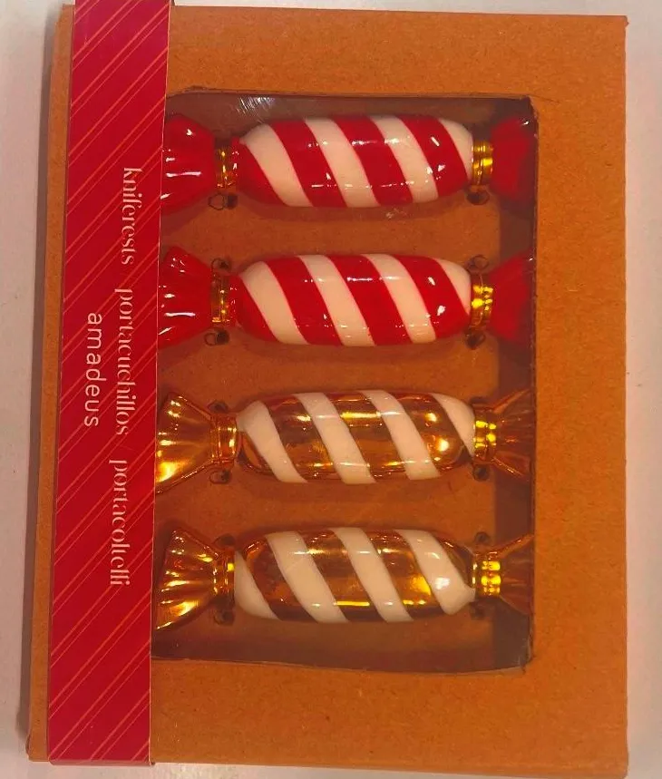 Coffret de 4 repose-couteaux forme bonbons rouges ou oranges en céramique Crakers