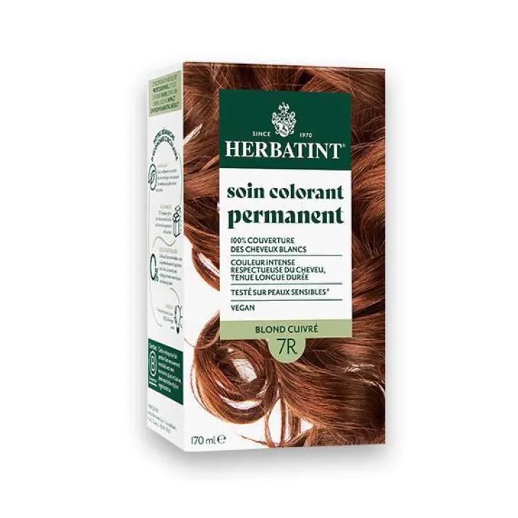 Coloration permanente pour cheveux blond cuivré 7R aux extraits végétaux biologiques vegan Herbatint - 170 ml