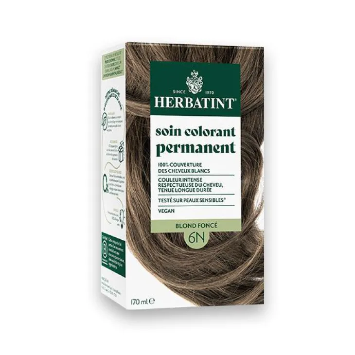Coloration permanente pour cheveux blond foncé 6N aux extraits végétaux biologiques vegan Herbatint - 170 ml