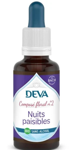 Complément alimentaire composé floral nuits paisibles bio sans alcool Deva - flacon compte-goutte 30 ml