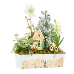 Composition jardinette pot zinc décor village - 26 cm