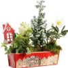 Composition jardinette zinc rouge décor village - 26 cm