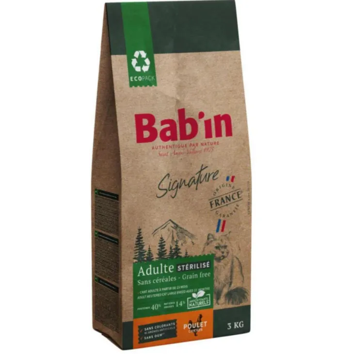 Croquettes pour chat adulte stérilisé au poulet sans céréales grandes races Bab'in Signature - 3 kg