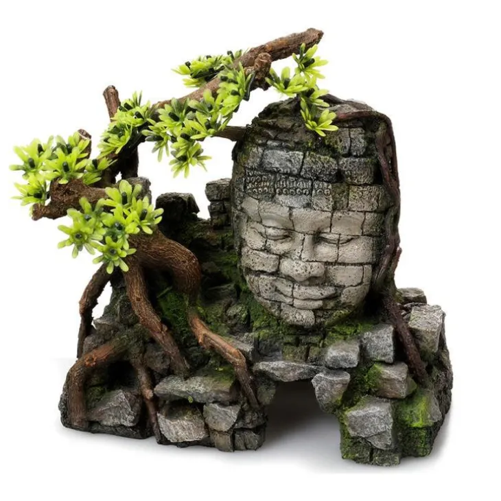 Décor aquarium temple angkor avec ses plantes coloris gris résine de polyester - 23 x 14 x 21 cm