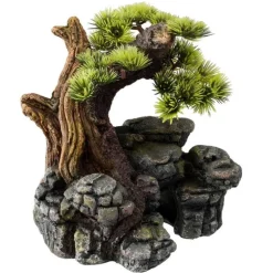 Décor d'aquarium pierre bonsai coloris vert en résine de polyester - 16,5 x 16,5 x 18 cm