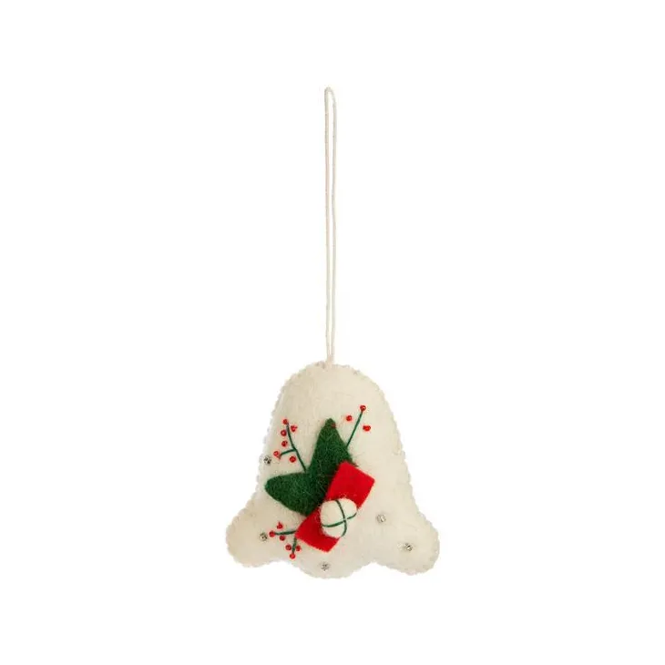 Décoration à suspendre carillon en feutrine blanche à motif rouge et vert - 3,3 x 2,5 cm