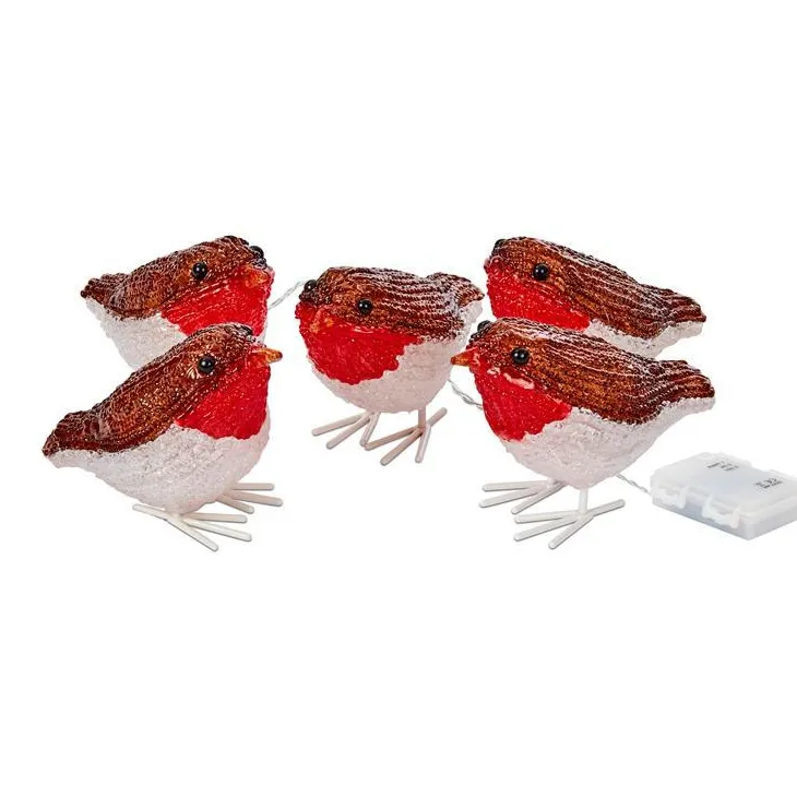 Ensemble de 5 rouge-gorge lumineux acryliques à 40 LED blanc froid pour intérieur ou extérieur - 10 cm
