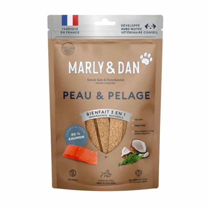 Friandises pour chien barres à mâcher peau et pelage Marly & Dan - 80 g