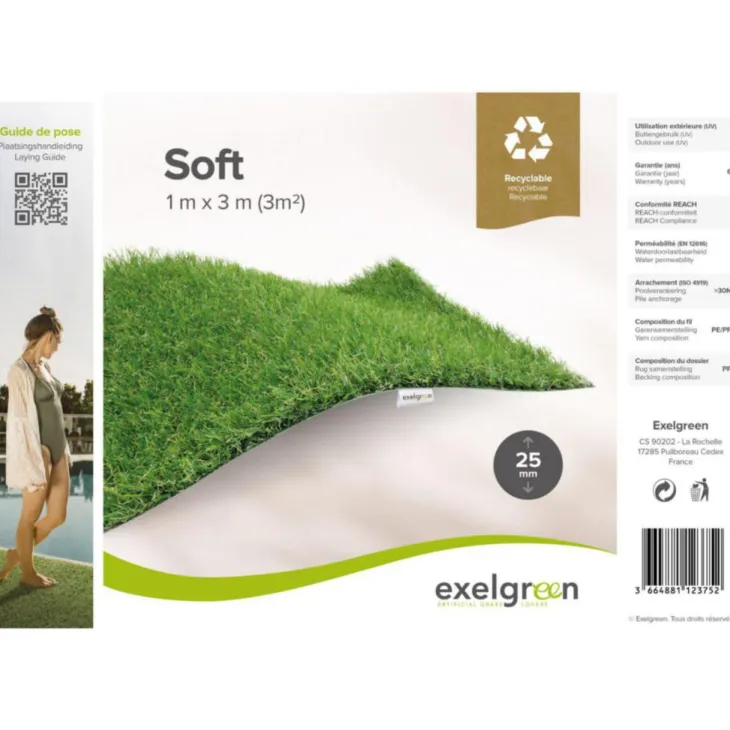Gazon synthétique soft recyclable épaisseur 25 mm coloris vert - le rouleau de 3 m x 1 m.