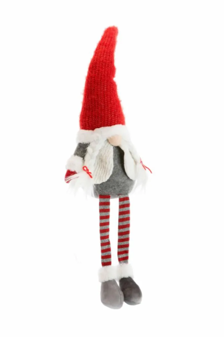 Gnome assis fille en tissu avec bonnet en maille lurex rouge - 24 x 13 x 78 cm