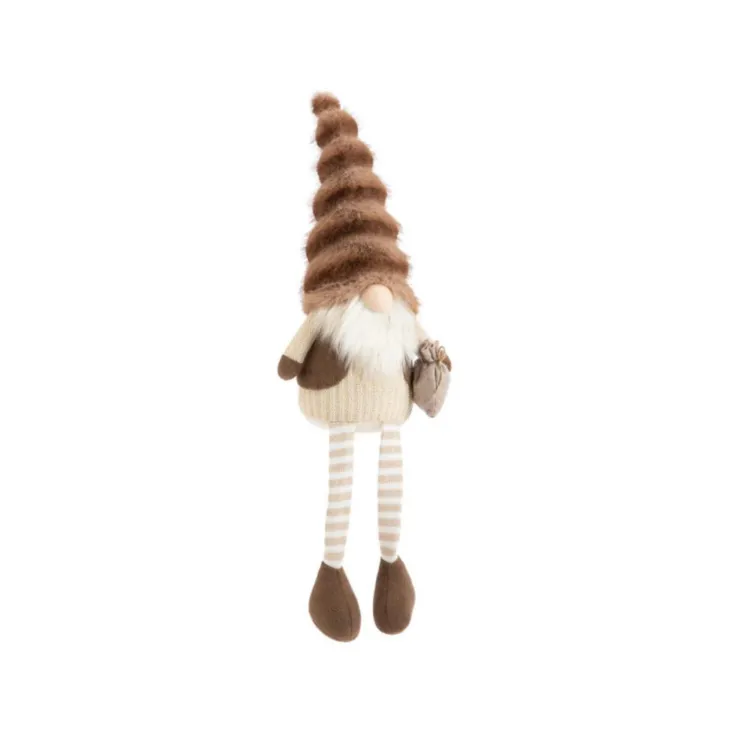Gnome brun et beige avec bonnet fluffy et jambes flexibles - 65 cm