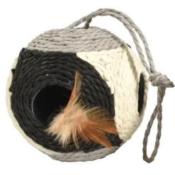 Griffoir rond en corde gris avec plumes naturelles Bobby Griffoir Facette - Ø 10 cm