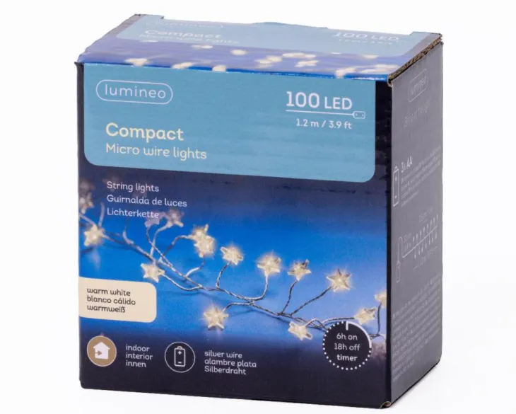 Guirlande lumineuse argent avec 100 micro LED étoiles blanc chaud sur piles - 1,20 m
