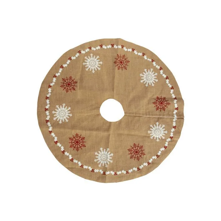 Jupe de sapin en jute beige décor flocons rouges et blancs - Ø 120 cm