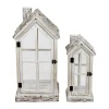 Lanterne en bois de sapin forme maison blanche avec verre petit modèle - 18 x 15 x 42 cm