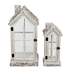 Lanterne en bois de sapin forme maison blanche avec verre petit modèle - 18 x 15 x 42 cm