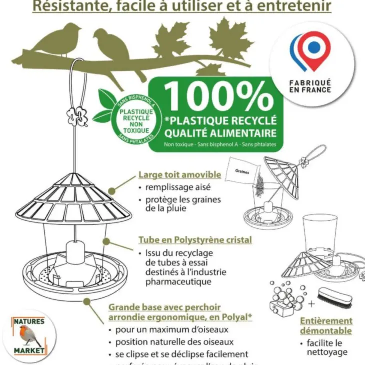 Mangeoire pour oiseaux en plastique 100 % recyclé coloris vert Natures Market Émilie - 21,7 x 20 cm