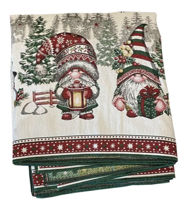 Nappe blanche en PE/coton à motifs verts et rouges Lutins - 140 x 300 cm