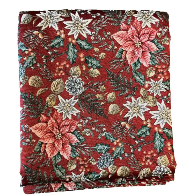 Nappe rouge en PE/coton à motifs roses, blancs et verts Poinsettia - 150 x 150 cm
