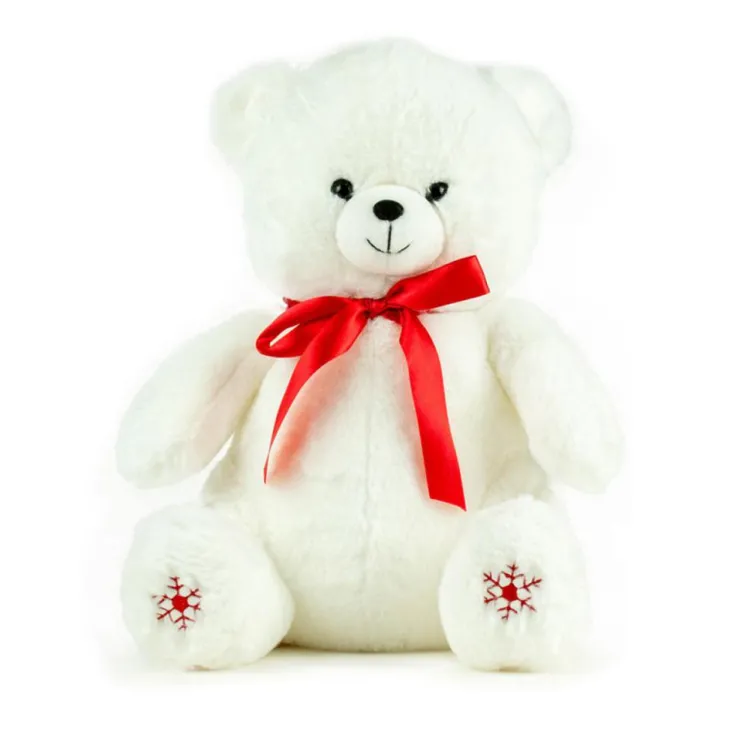 Ours blanc en polyester avec nœud rouge et flocons brodés Kalidou - 40 cm