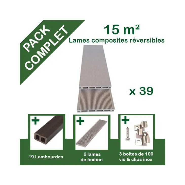 Pack complet de lattes en composite beige pour terrasse Green Outside - 15m²