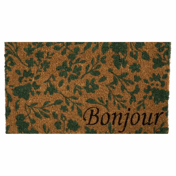 Paillasson Bonjour fleuri coloris multicolore en fibre de coco - 40 x 72 cm
