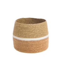 Panière évasée bicolore coloris orange en jonc de mer - 23 x 23 x 21 cm