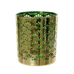 Photophore motif éventail coloris vert en verre - 10 cm