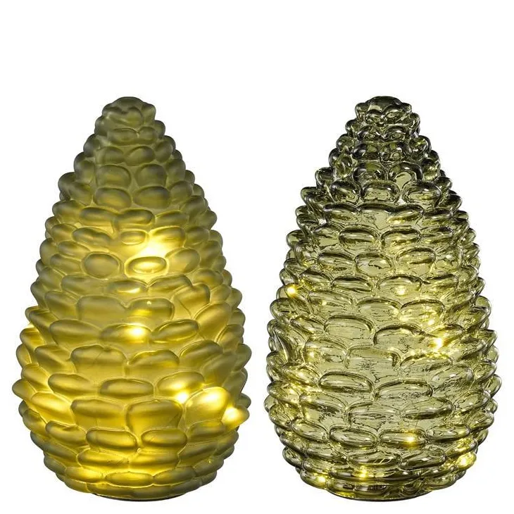Photophore vert forme pomme de pin en verre avec 15 LED et minuteur - Ø 15 x H 25 cm
