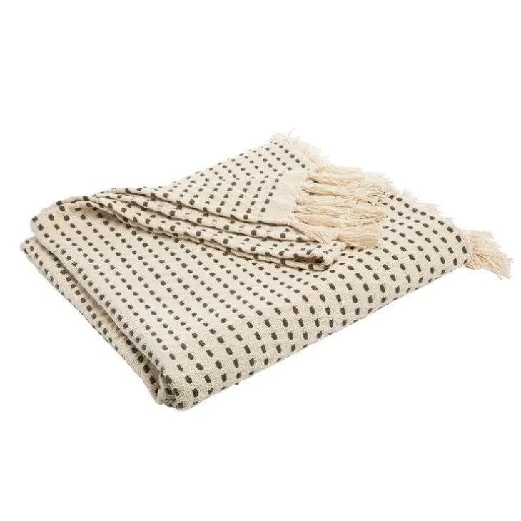 Plaid frangé en coton écru surpiqué noir 170x130 cm