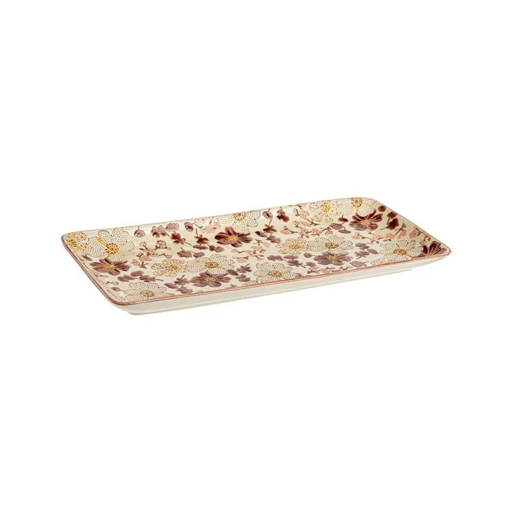 Plat à cake en grès beige à fleur pourpre Kiyo - 36 x 16 cm